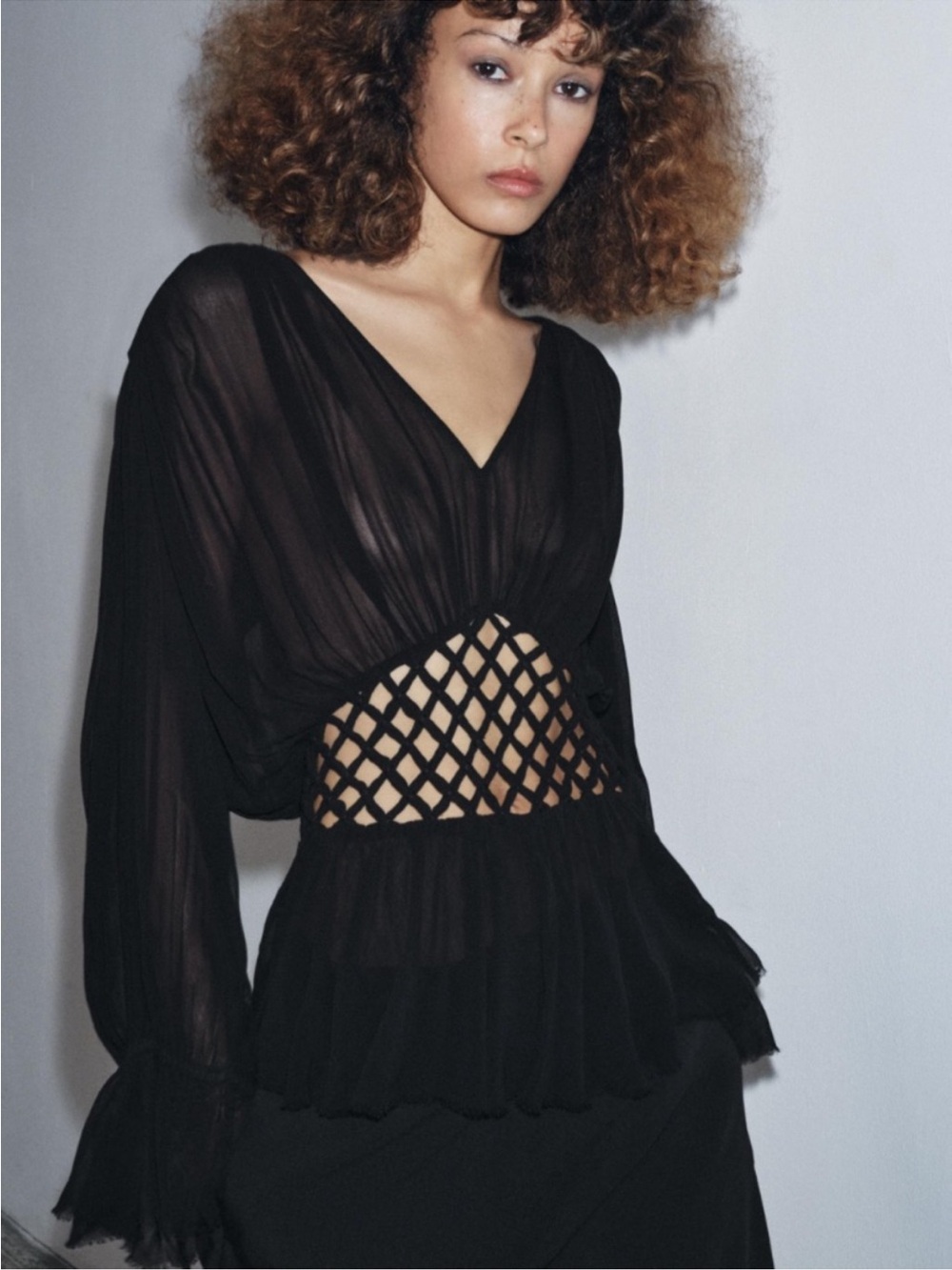 Zara Black Sheer V-Neck Lattice Waist Peplum Top